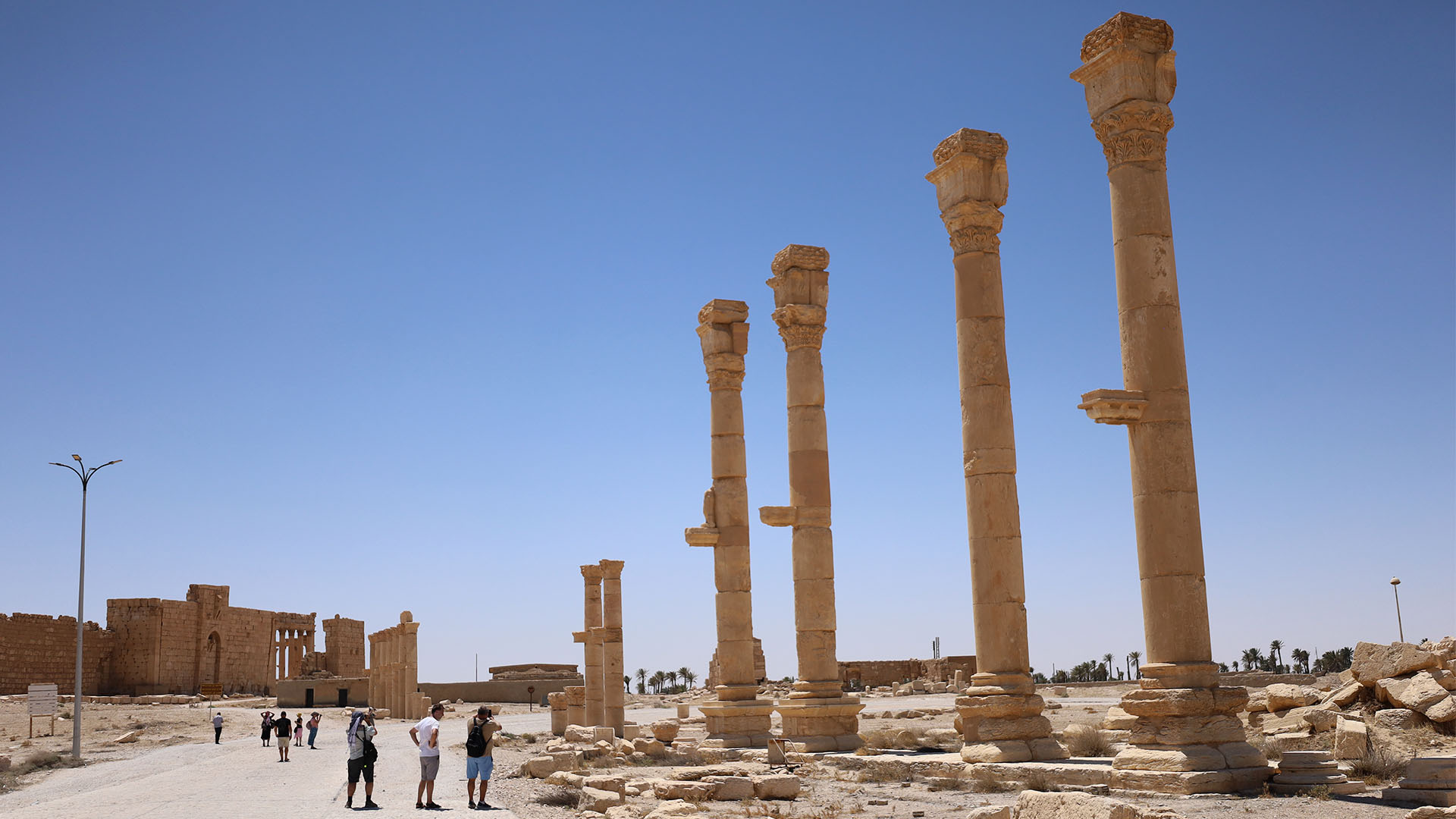 Americans exploring the historic city of Palmyra, with the colossal columns towering beside them.