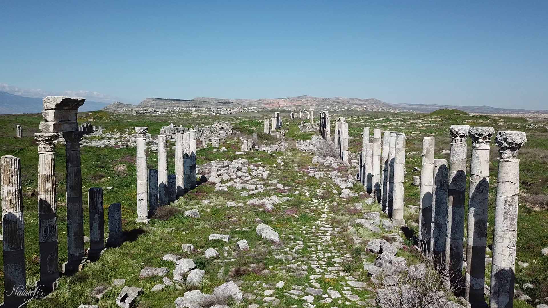 In the photograph, the archaeological site of Apamea is captured, with the backdrop of a serene blue sky adding to its allure.