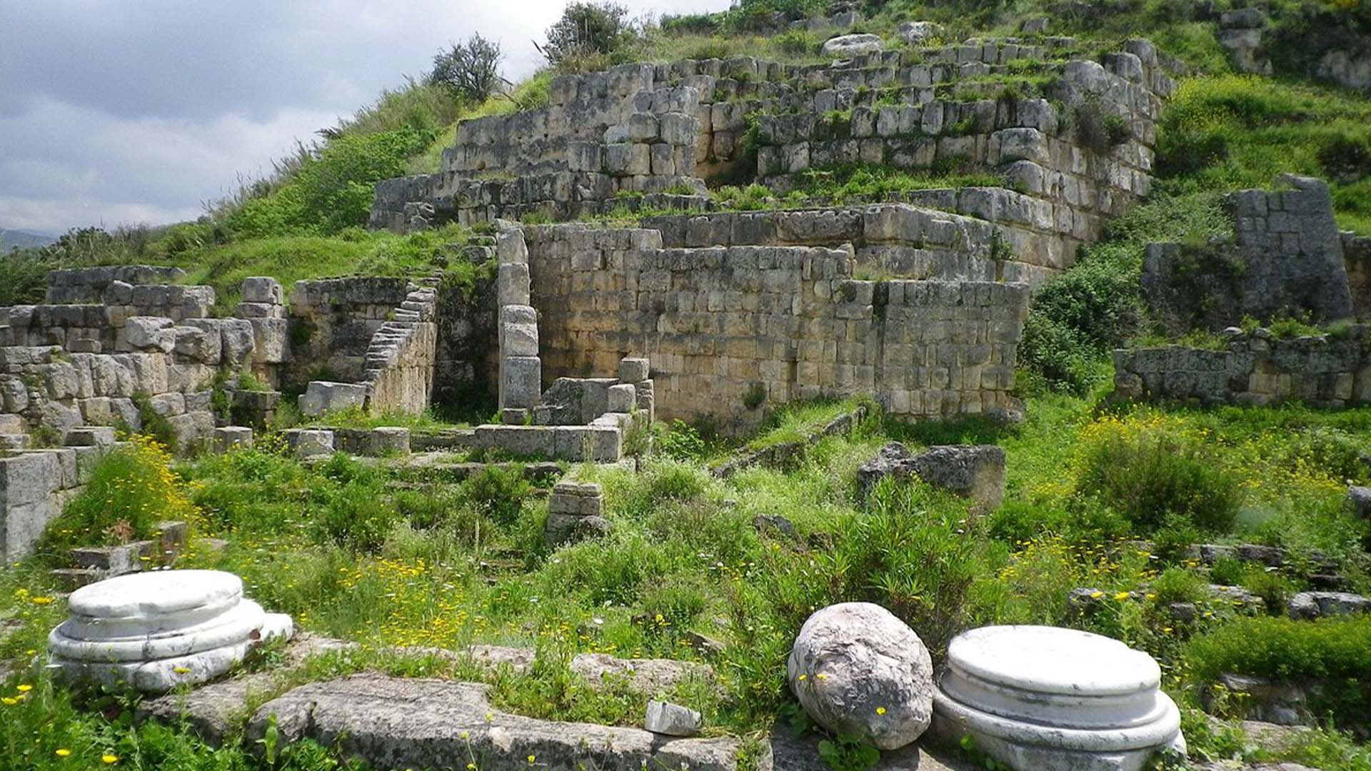 A photograph immortalizes the ruins of Echmoun, an ancient Phoenician city that held great importance, enveloped by a vibrant cloak of lush greenery
