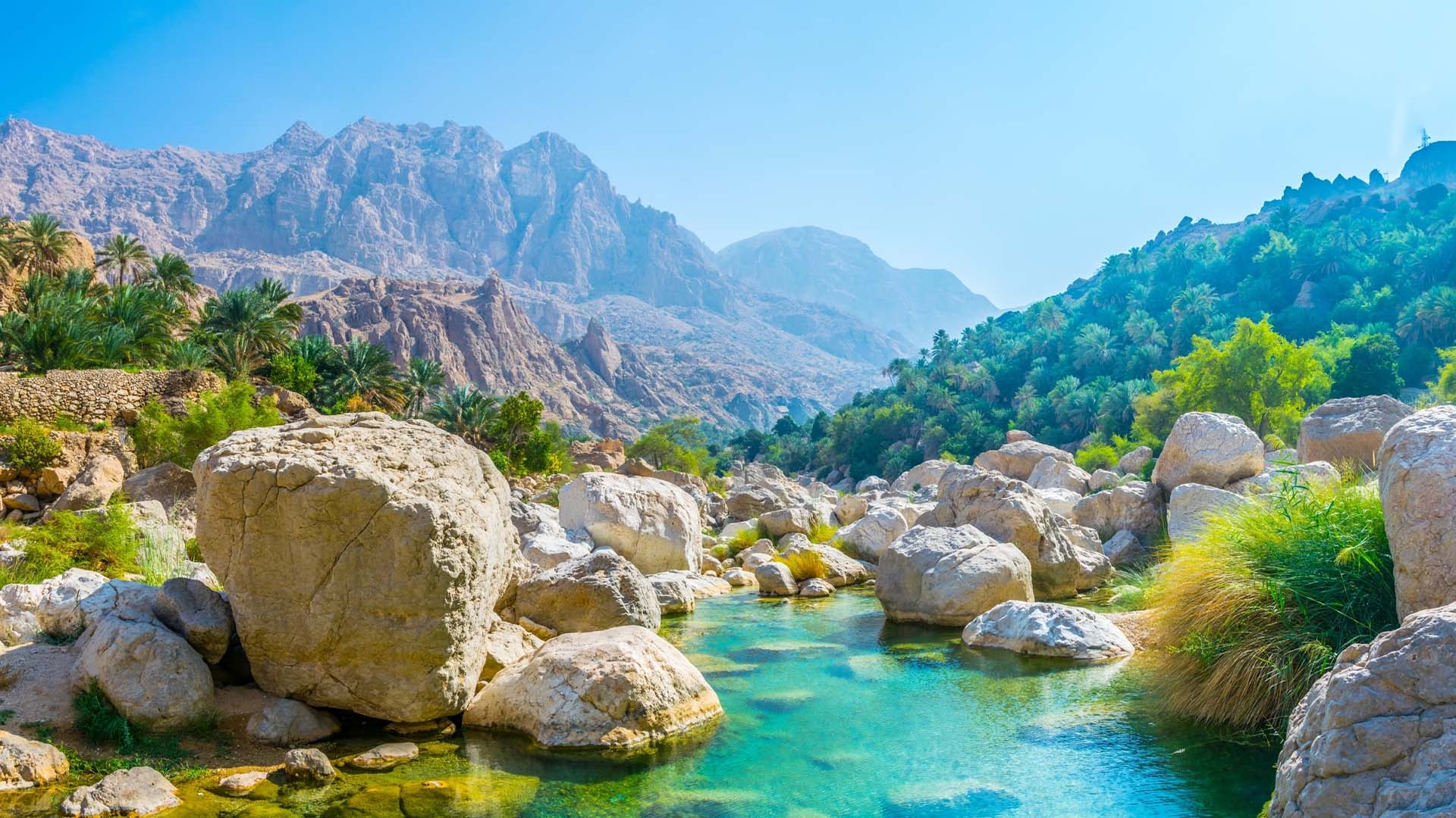 A panoramic photograph immortalizes the incredible Wadi Tiwi, enveloped by lush greenery and framed by scenic mountains, creating a mesmerizing and picturesque setting.